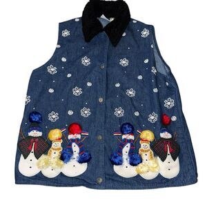 Vintage Phool Denim Snowman Snowflake Christmas Holiday Vest medium Cute Festive